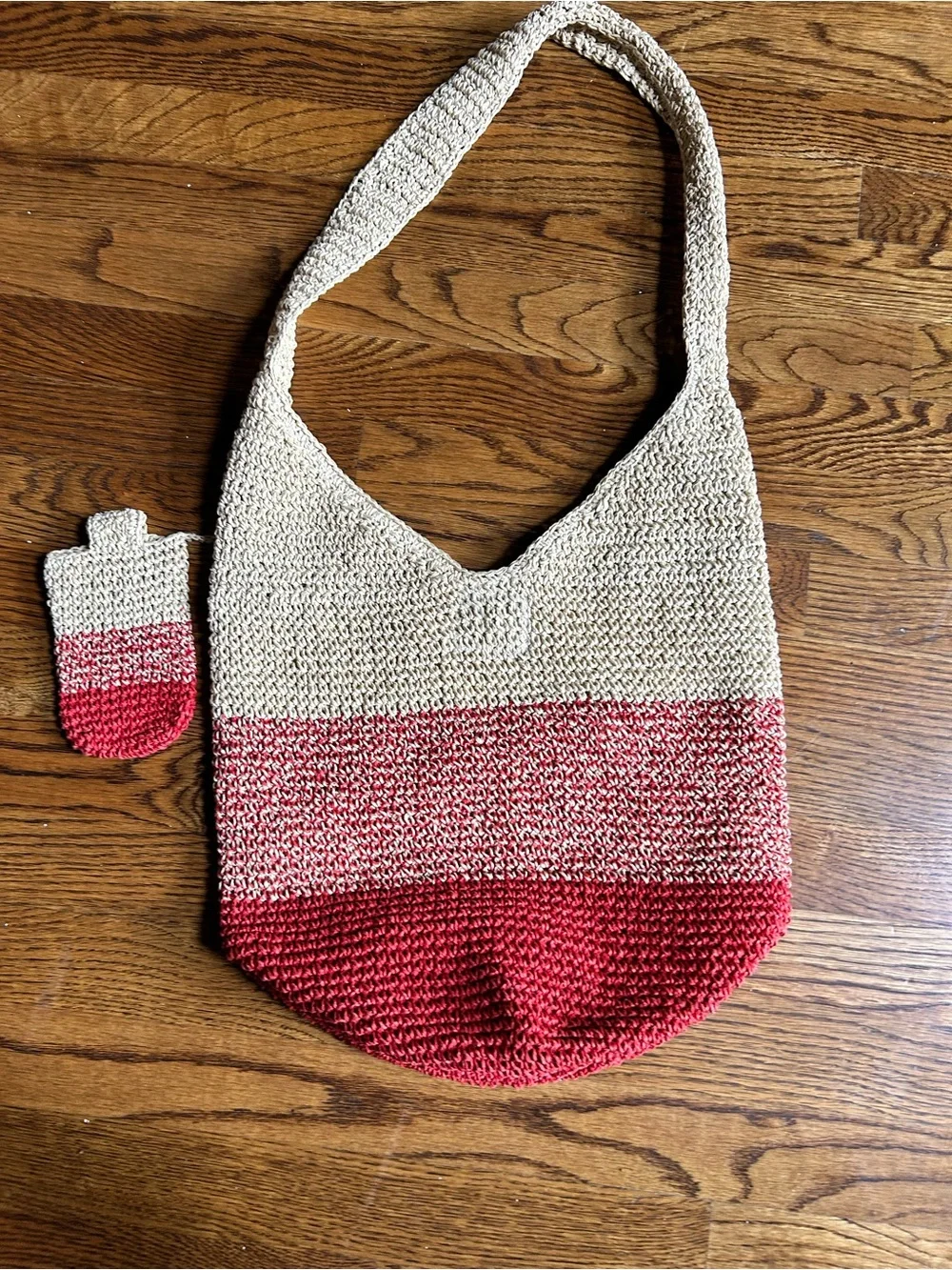 Handwoven Crochet Hobo Bag with Matching Attachable Pouch Beige & Red